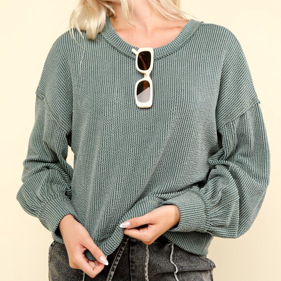sunsetandshores Tops - A14 🌟 Two Tone Otto Ribbed Oversized Soft Comfy knit Top - MOSS